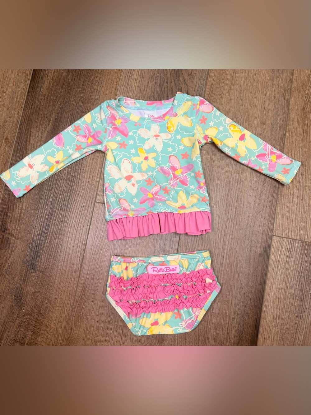 RuffleButts Floral Rash Guard Bikini Set UPF 50+ Long Sleeve Swimsuit 12-18M